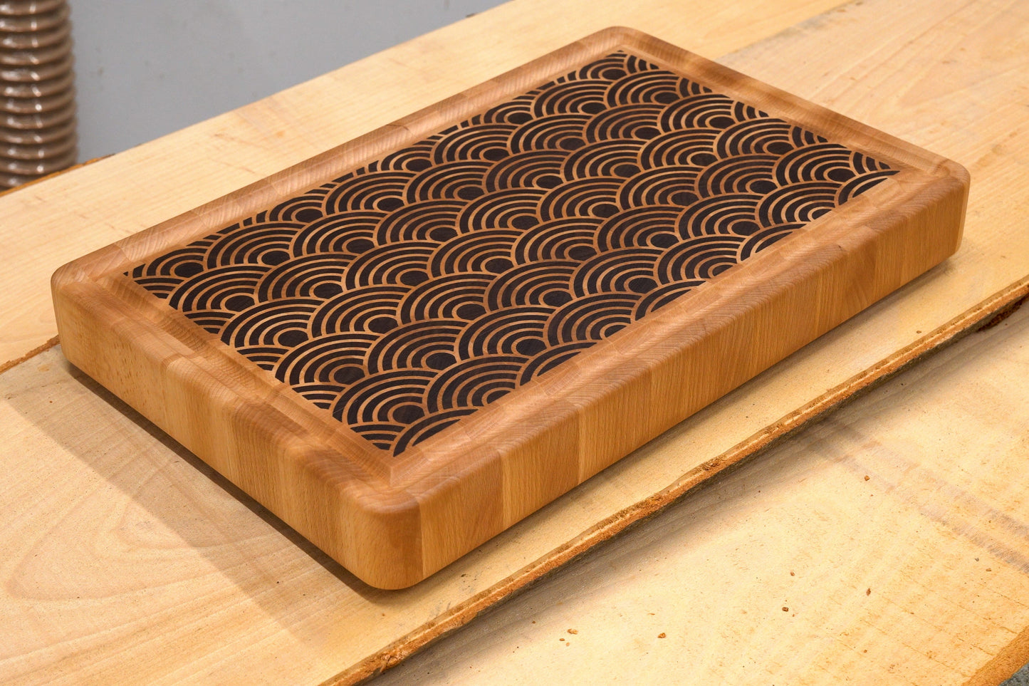 End Grain Cutting Board with Japanese Seigaiha Wave pattern inlay